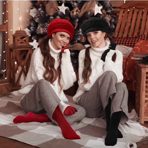 Women Winter Warm Knit Hat Scarf cap and Glove Wine Red - Picture 7 of 7